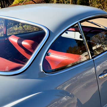 Rear three-quarter view of Karmann Ghia upholstery